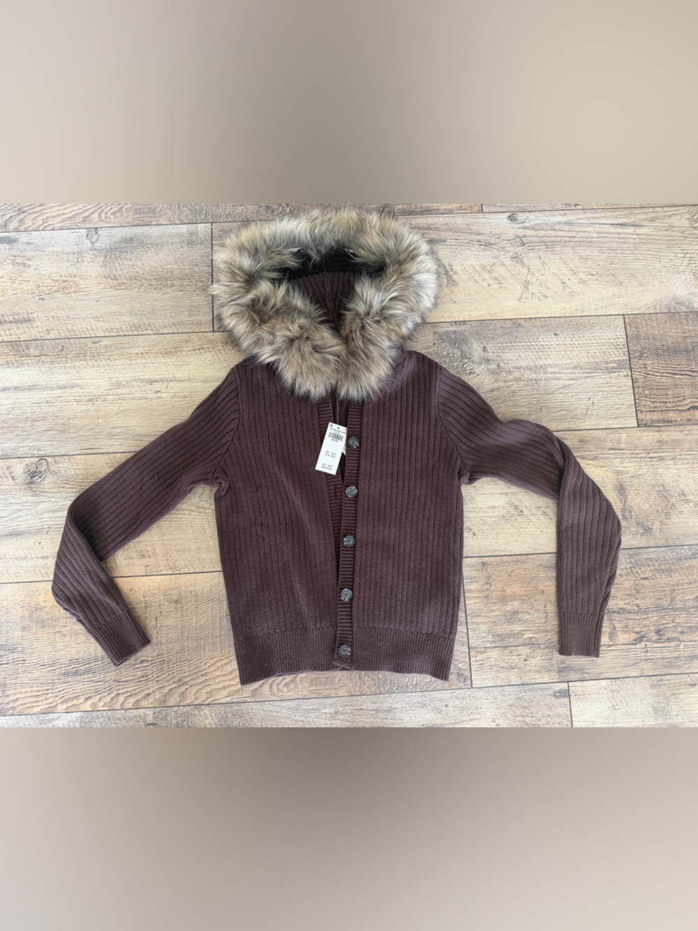 Hollister Ribbed Chocolate Brown Button-Front Sweater with Faux Fur Trim Hood